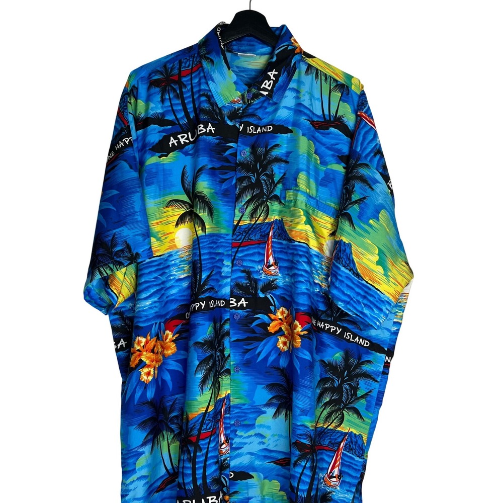 Rima Aruba One Happy Island Hawaiian Shirt Men 2XL Blue Tropical Terivoile Print